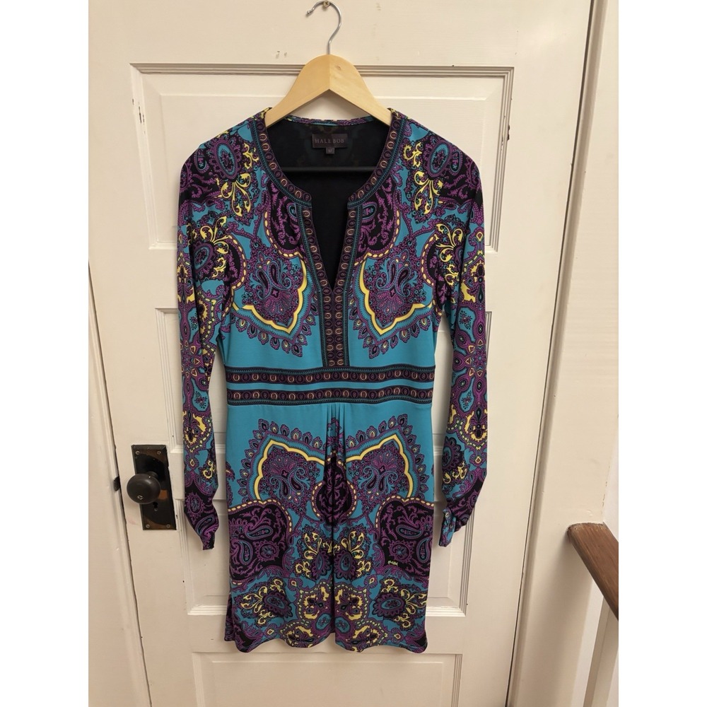 Hale Bob Women's Teal Paisley Long Sleeved Dress Size Medium $218